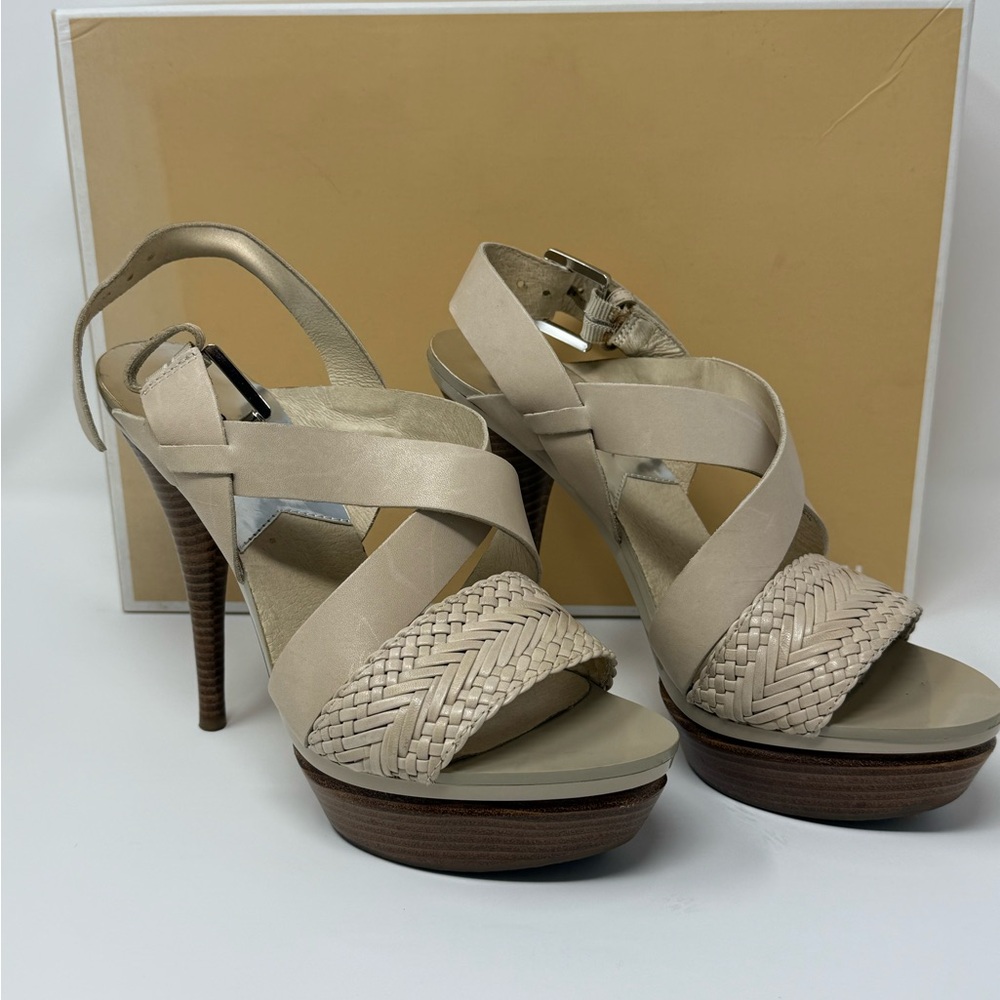 Michael Kors Strappy Platform Heels Beige Open Toe High Heel Sandals - Picture 3 of 12